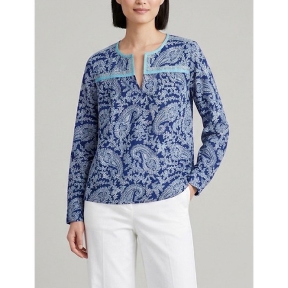 J.Crew Tops - J.Crew Blue Paisley Print Long Sleeve Tunic Blouse XS Coastal Boho Resort Top